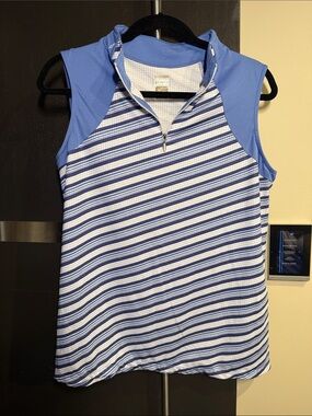 Nancy Lopez Golf Apparel Blue Striped Zip Mock Neck Sleeveless Tee